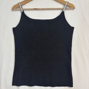 Vtg Pointelle Shimmer Tank Top Women XL Black Silk-Blend Silver Metallic Studs‎